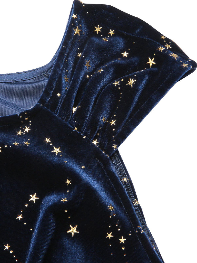 [Pre-Sale] Blue 1930s Stars Constellation Belted Velvet Jumpsuit