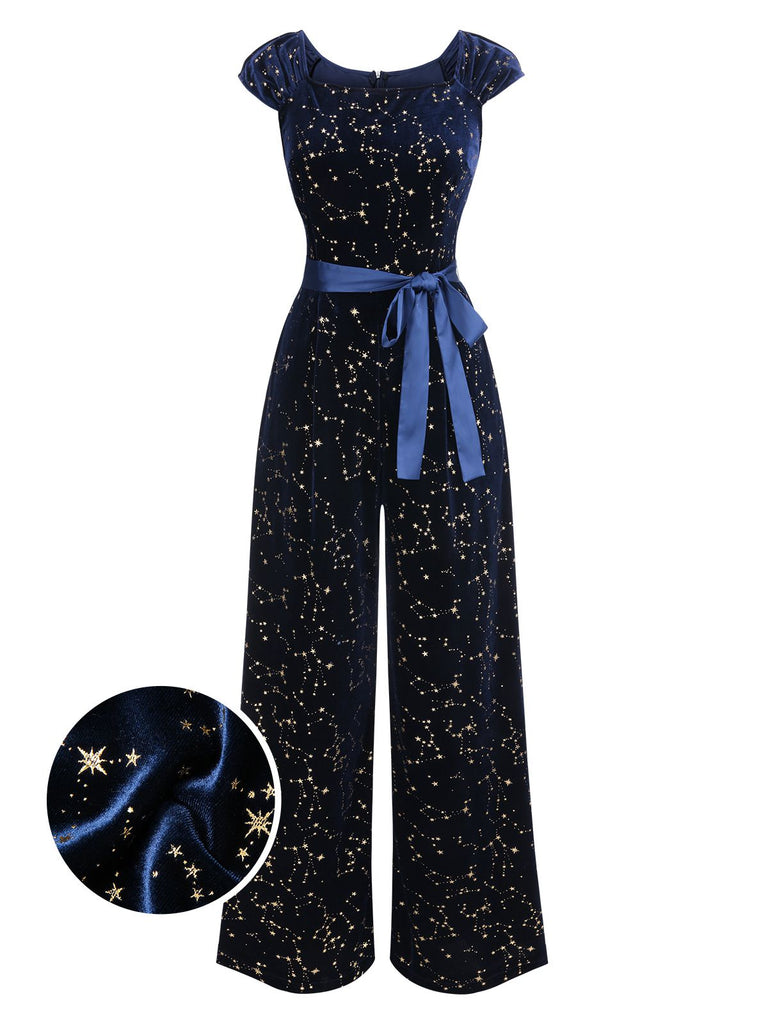 [Pre-Sale] Blue 1930s Stars Constellation Belted Velvet Jumpsuit