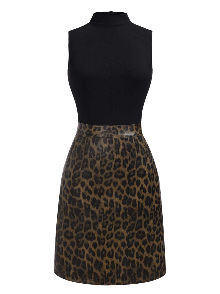 [Pre-Sale] Black 1960s Turtleneck Leopard Sleeveless Dress