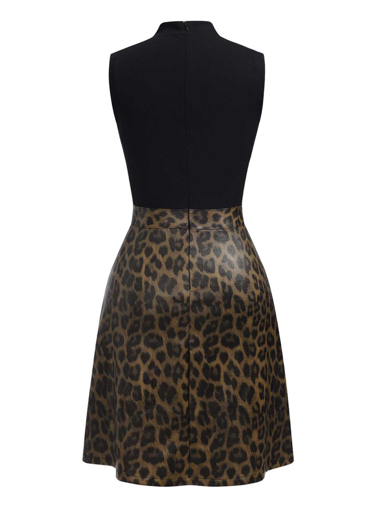 [Pre-Sale] Black 1960s Turtleneck Leopard Sleeveless Dress