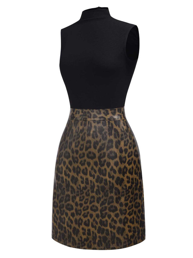 [Pre-Sale] Black 1960s Turtleneck Leopard Sleeveless Dress