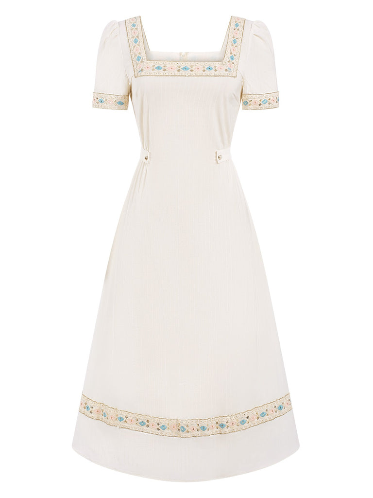 [Pre-Sale] Cream 1940s Embroidered Square Neck Dress