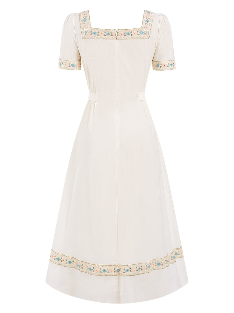 [Pre-Sale] Cream 1940s Embroidered Square Neck Dress