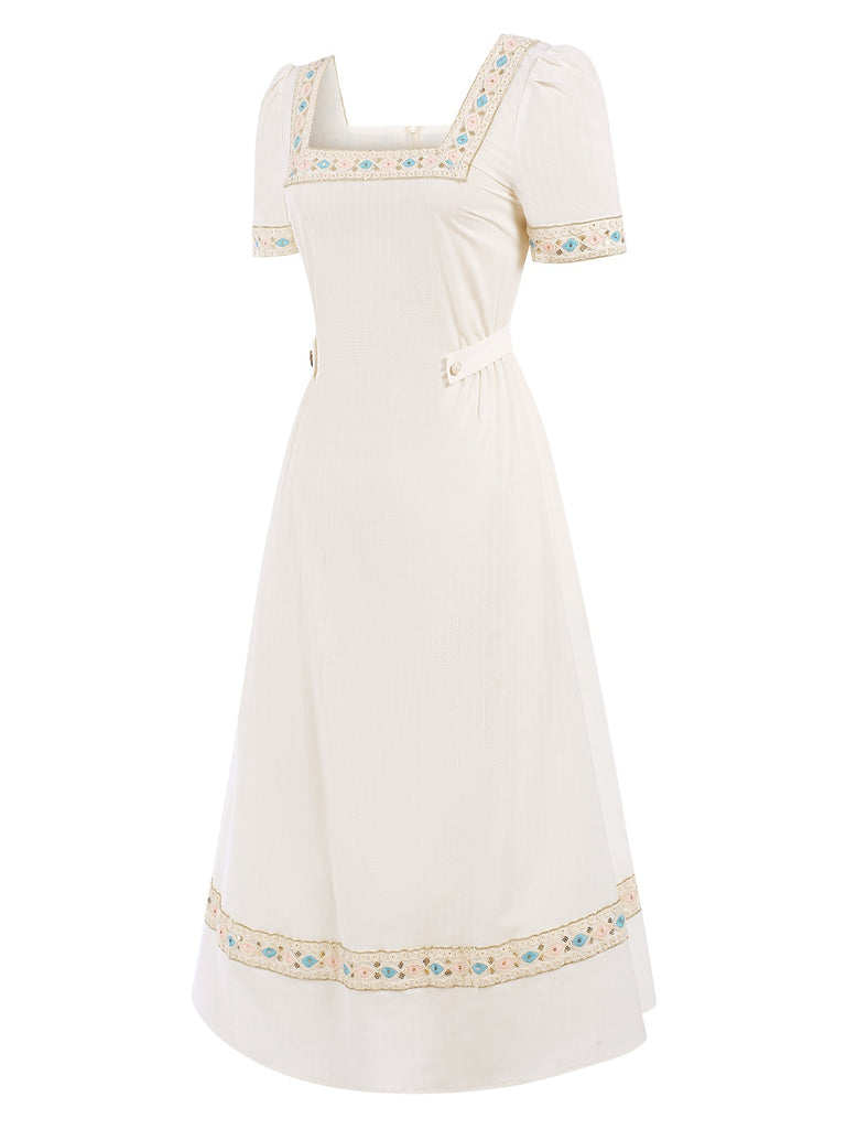 [Pre-Sale] Cream 1940s Embroidered Square Neck Dress