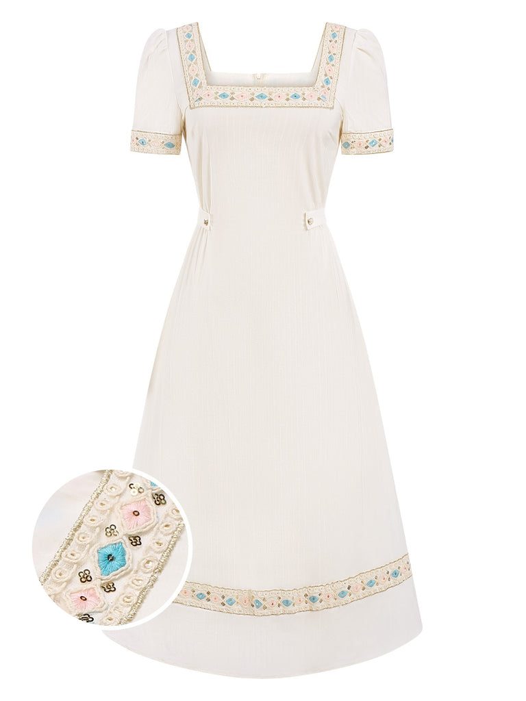 [Pre-Sale] Cream 1940s Embroidered Square Neck Dress