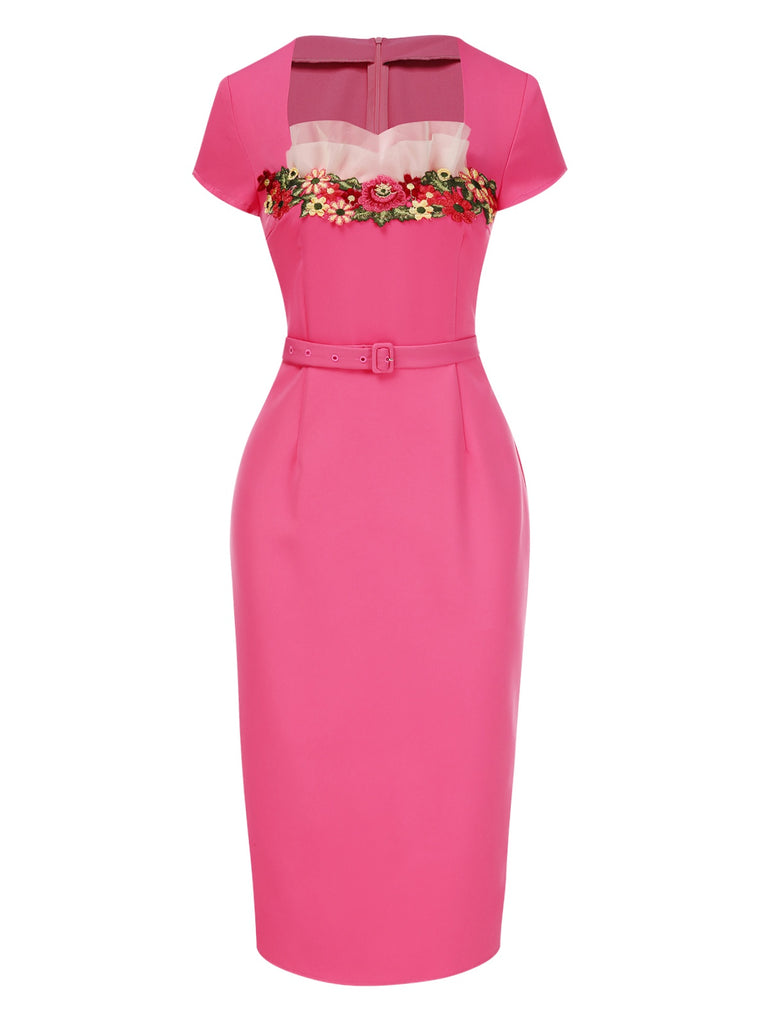 [Pre-Sale] Pink 1960s Embroidery Flower Pencil Dress