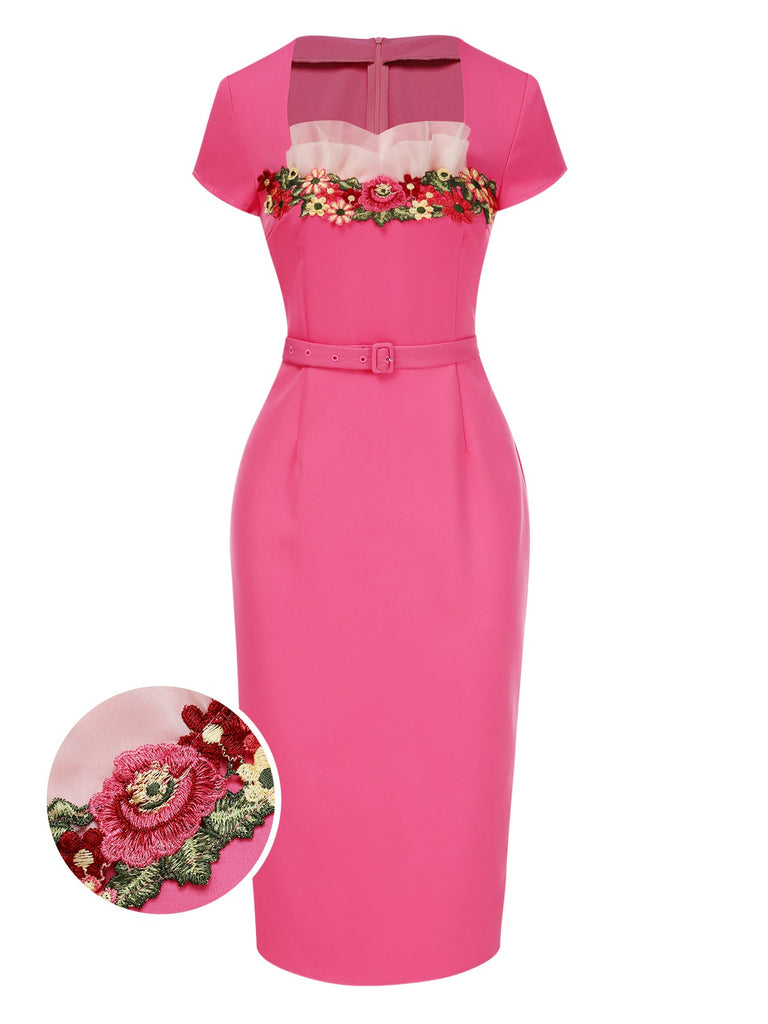 [Pre-Sale] Pink 1960s Embroidery Flower Pencil Dress