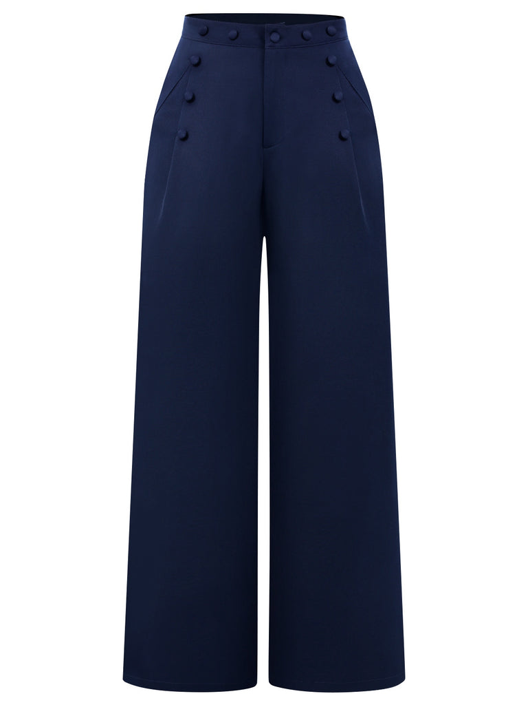 [Pre-Sale] Navy Blue 1950s Solid Buttoned Wideleg Pants