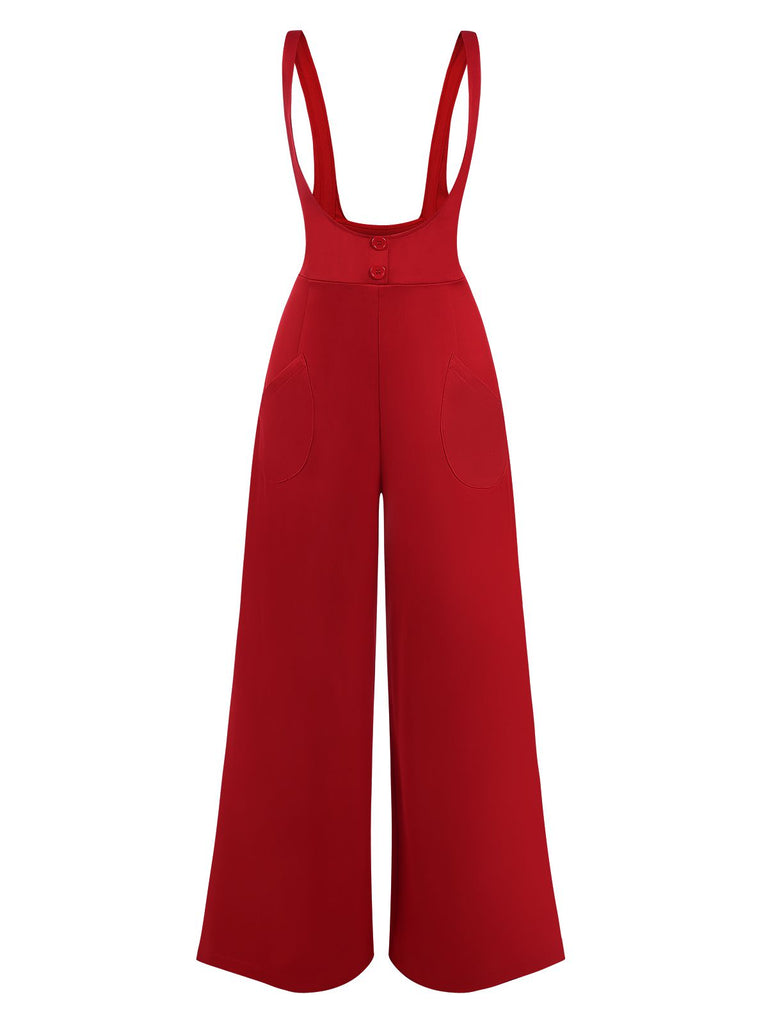 [Pre-Sale] Red 1970s Suspender Wide-Leg Solid Pants