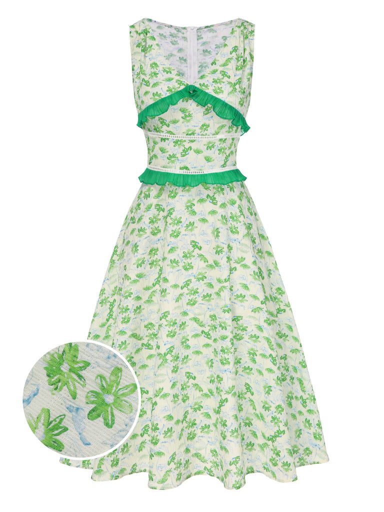 [Pre-Sale] Green 1940s V-Neck Floral Ruffles Sleeveless Dress