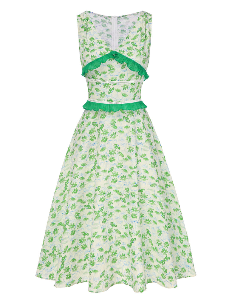 [Pre-Sale] Green 1940s V-Neck Floral Ruffles Sleeveless Dress