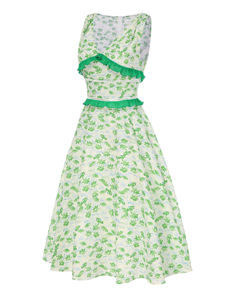 [Pre-Sale] Green 1940s V-Neck Floral Ruffles Sleeveless Dress