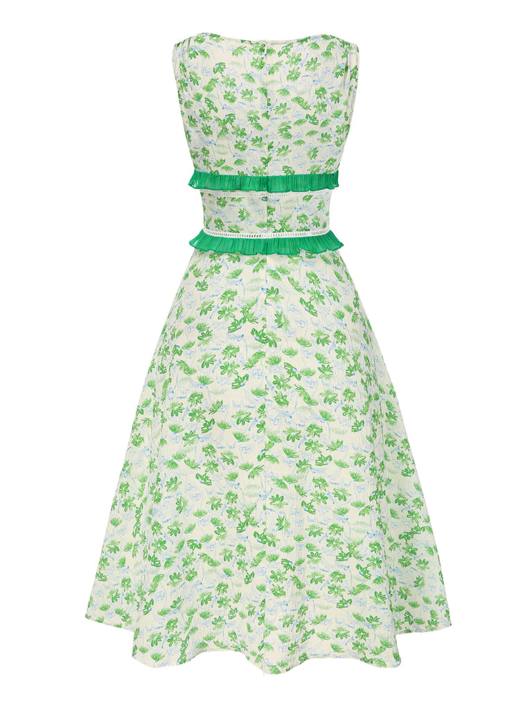 [Pre-Sale] Green 1940s V-Neck Floral Ruffles Sleeveless Dress