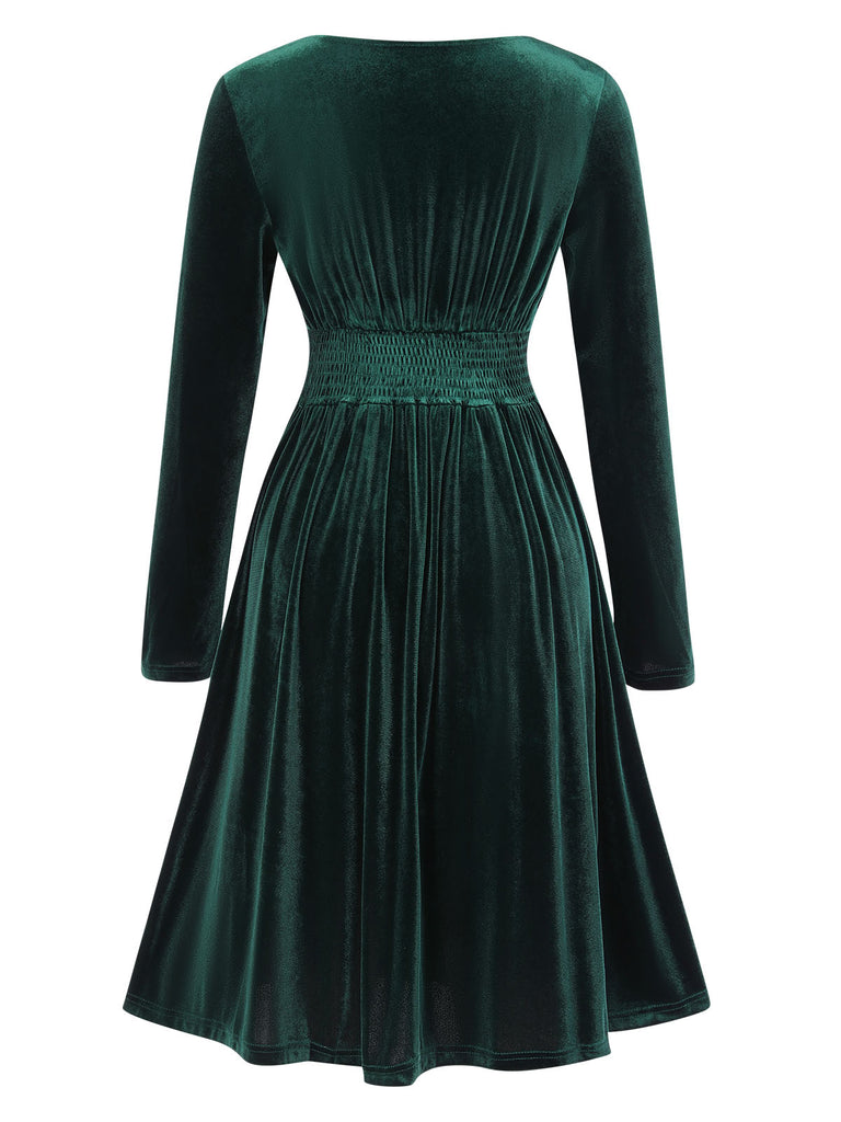 1940s V-Neck Solid A-line Dress