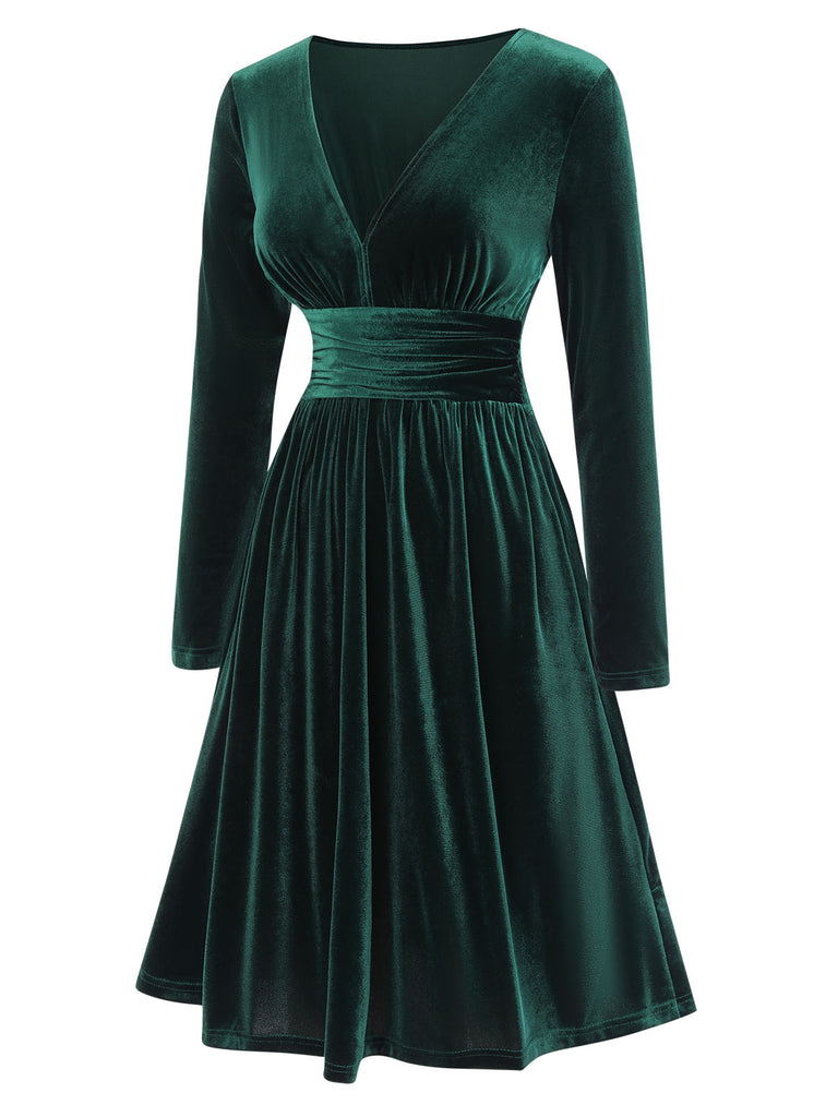 1940s V-Neck Solid A-line Dress