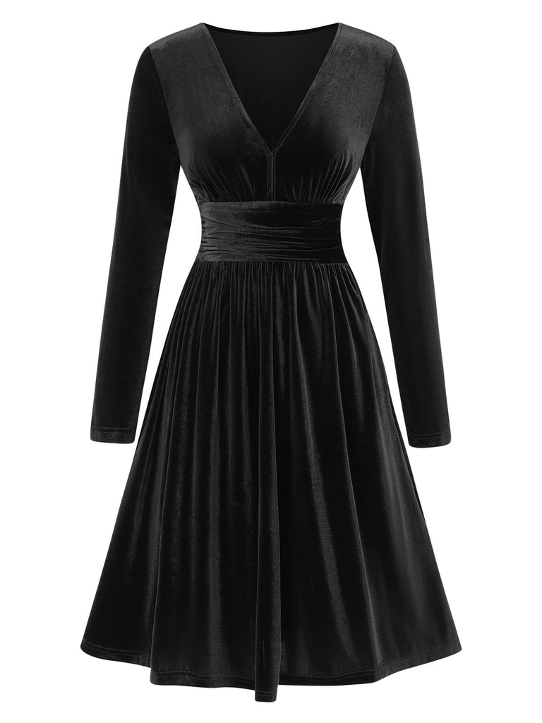 1940s V-Neck Solid A-line Dress