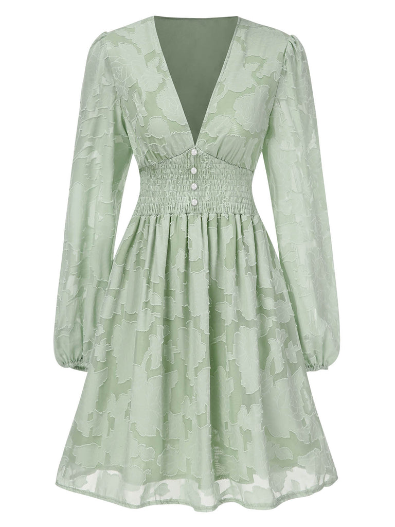 1960s Jaquard Floral Deep V-Neck Skater Dress