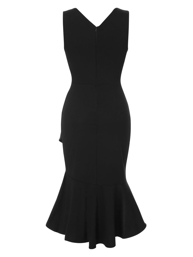 1930s V-Neck Solid Fishtail Bodycon Dress