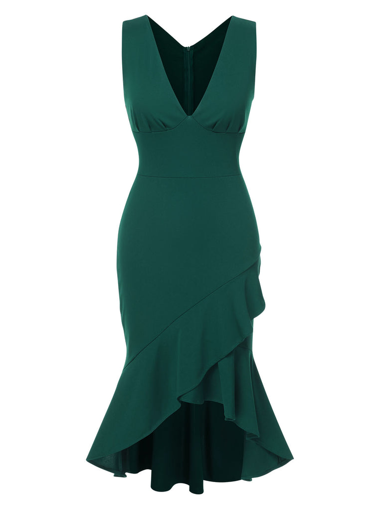 1930s V-Neck Solid Fishtail Bodycon Dress