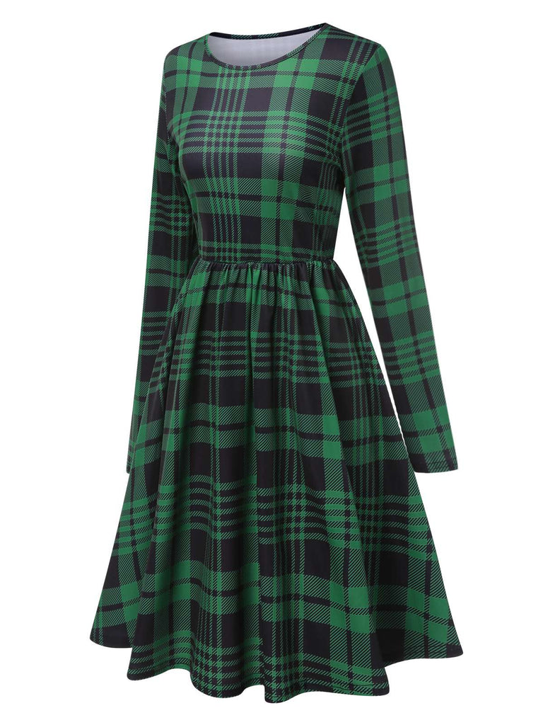 Green 1940s Crew Neck Tartan Dress