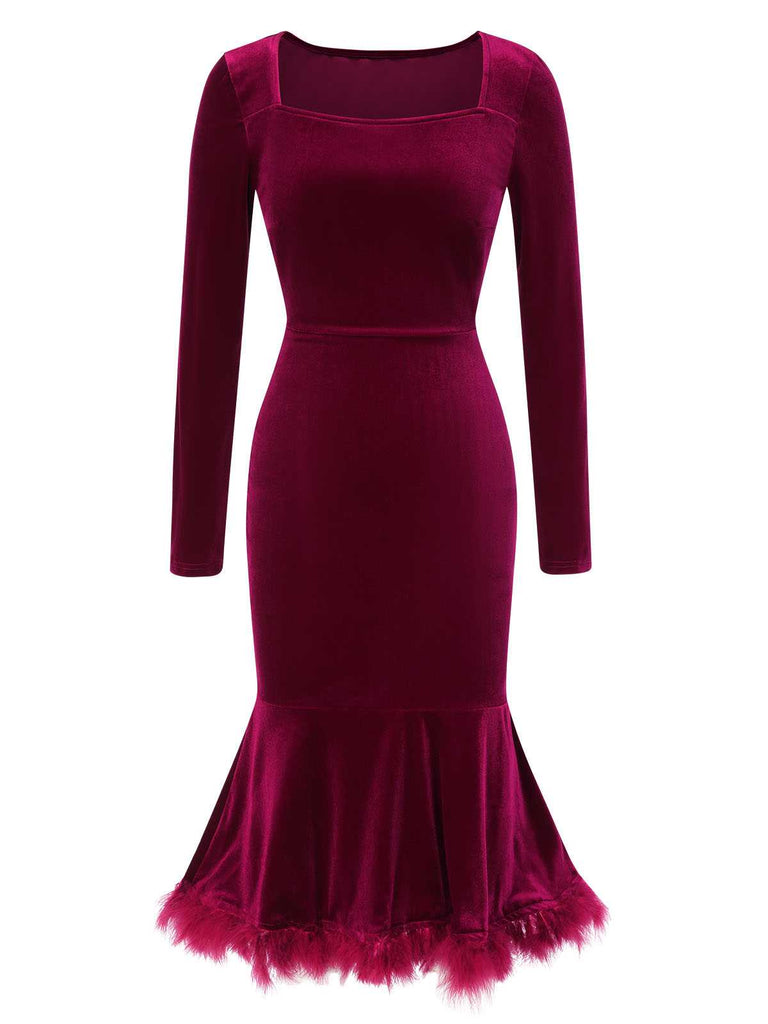 Wine Red 1930s Squared Neck Velvet Mermaid Dress