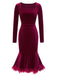 Wine Red 1930s Squared Neck Velvet Mermaid Dress