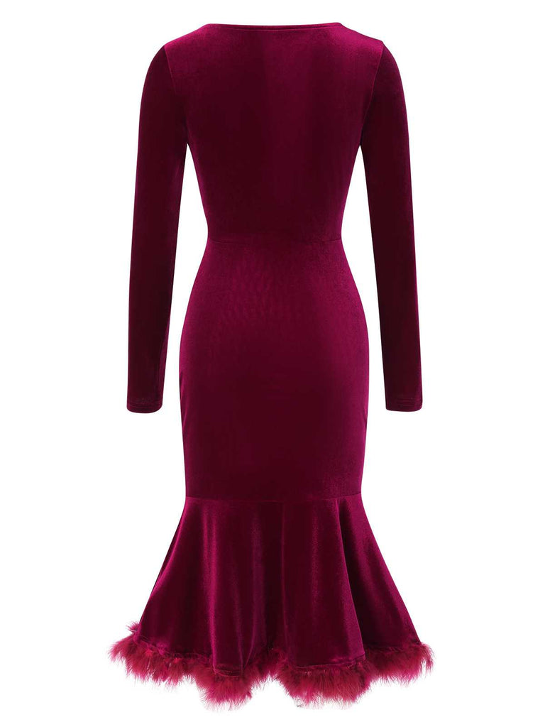 Wine Red 1930s Squared Neck Velvet Mermaid Dress