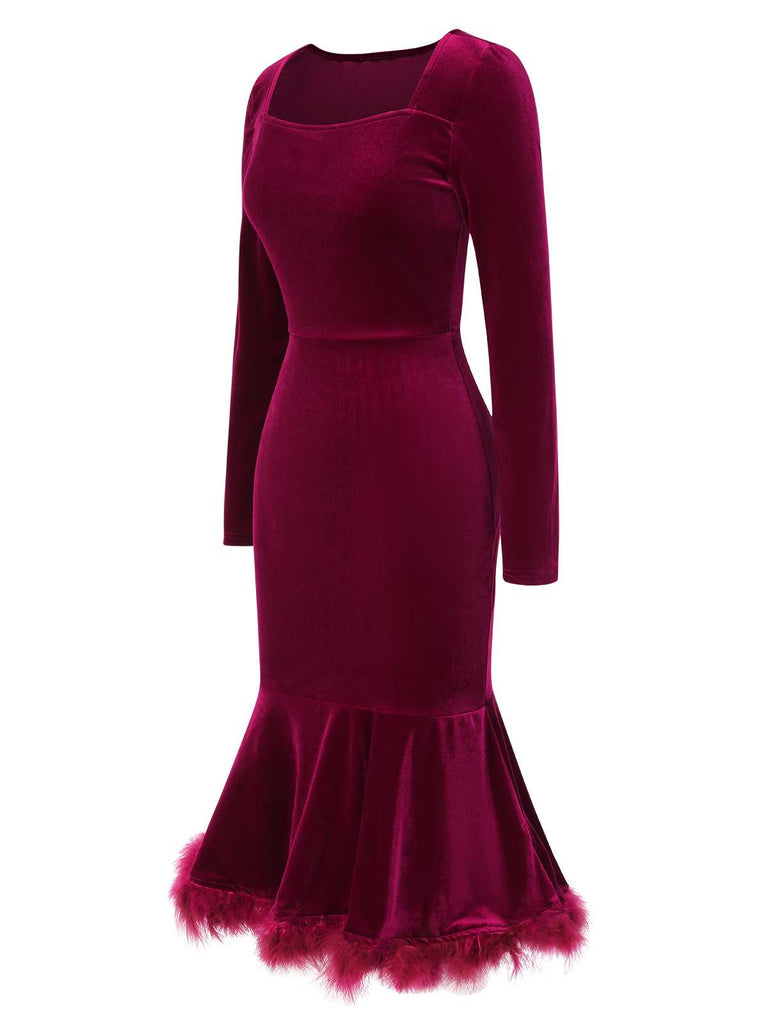 Wine Red 1930s Squared Neck Velvet Mermaid Dress