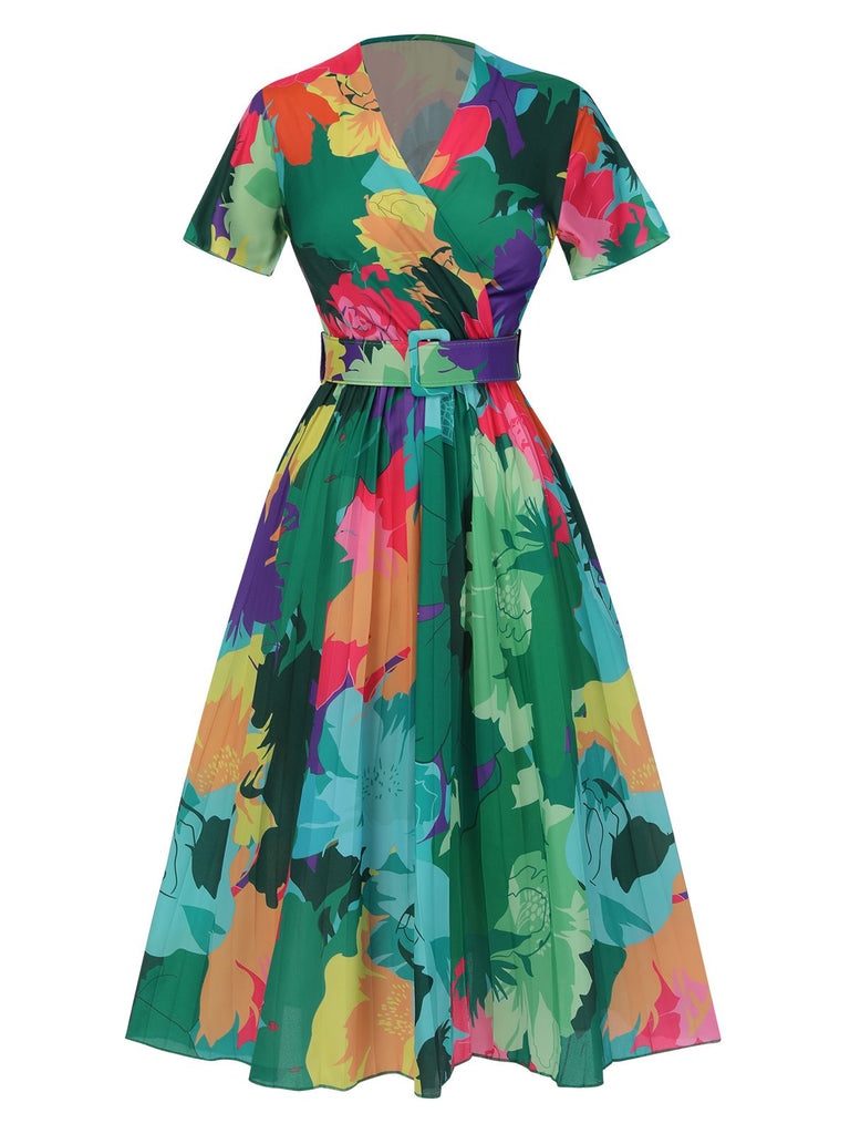 1940s Floral V-Neck Belt Dress