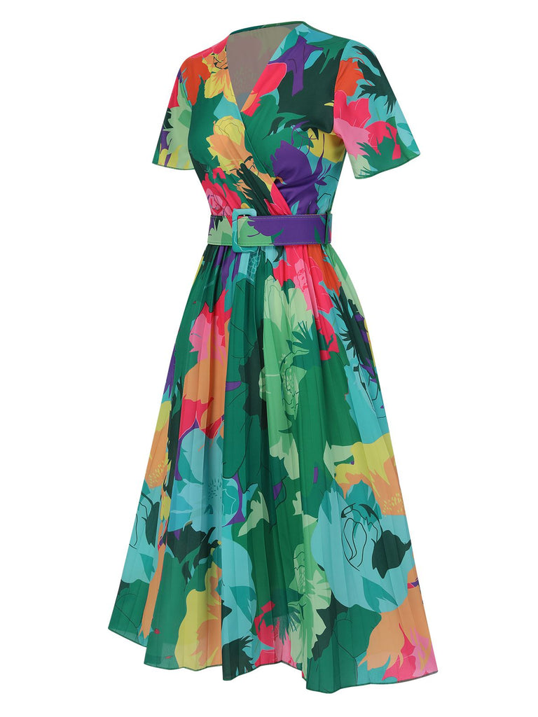 1940s Floral V-Neck Belt Dress