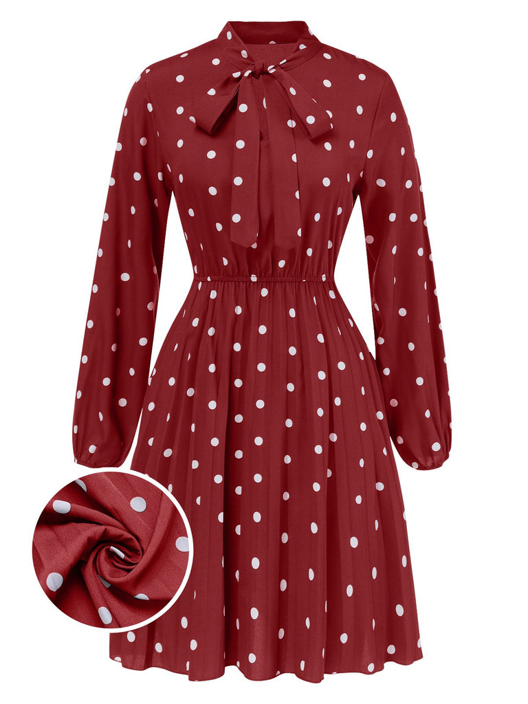 1940s Polka Dot Drawstring Pleated Dress