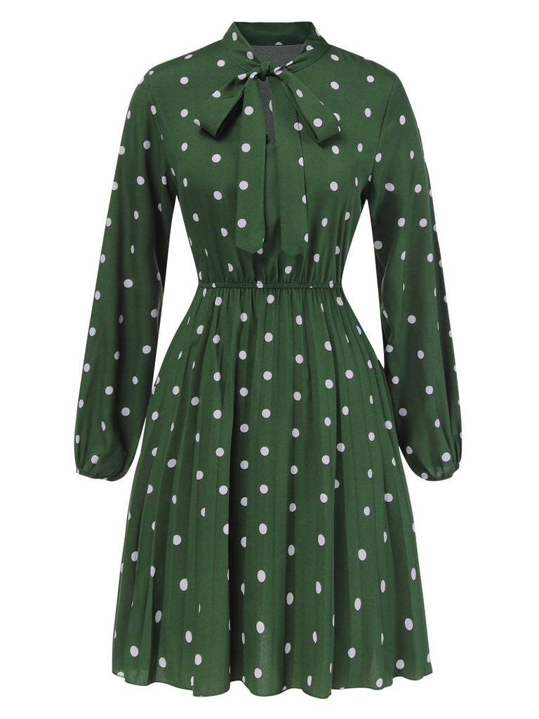 1940s Polka Dot Drawstring Pleated Dress