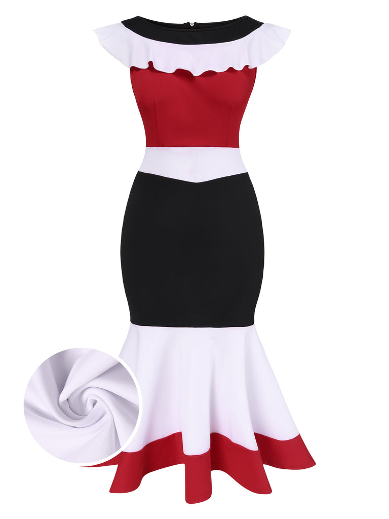 1930s Color Block Ruffled Fishtail Dress