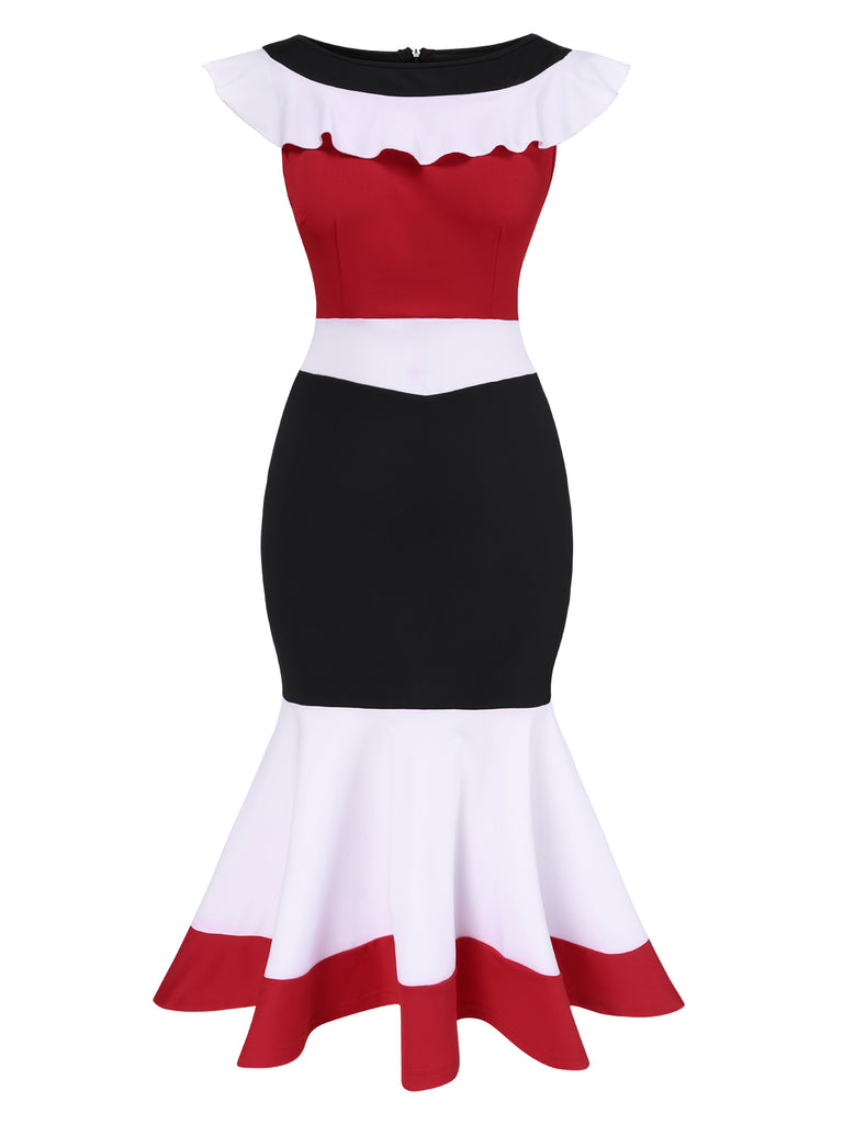 1930s Color Block Ruffled Fishtail Dress