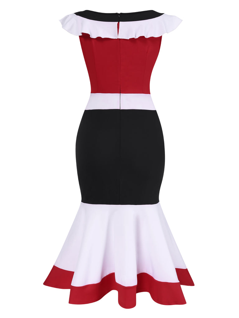 1930s Color Block Ruffled Fishtail Dress