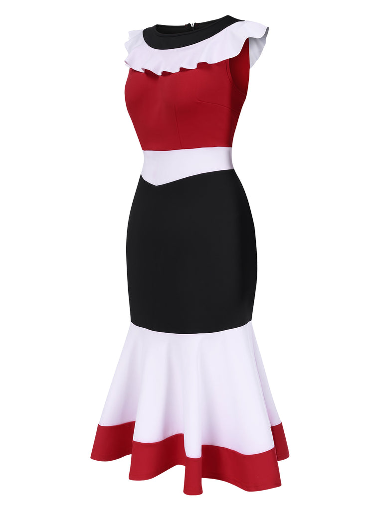 1930s Color Block Ruffled Fishtail Dress