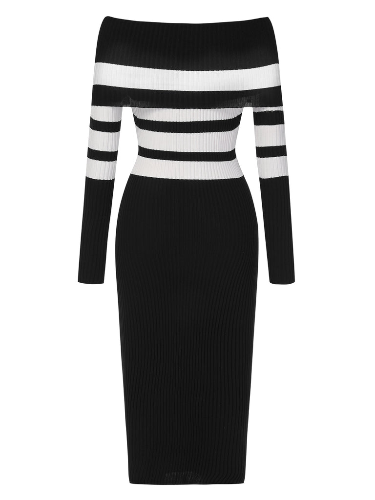 1960s Knitted Colorblock Off-Shoulder Dress