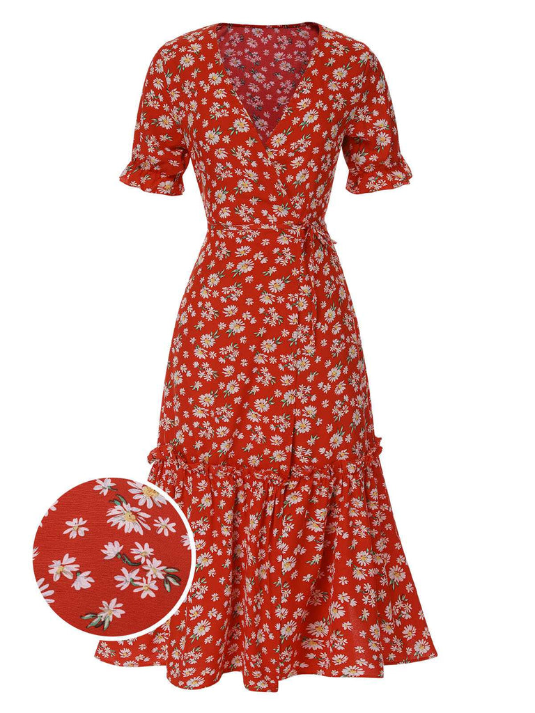 1930s Daisy Surplice V-Neck Belted Dress