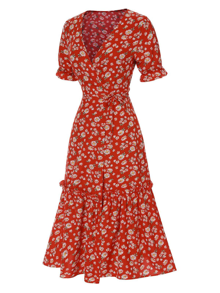 1930s Daisy Surplice V-Neck Belted Dress