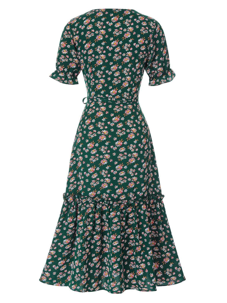 1930s Daisy Surplice V-Neck Belted Dress