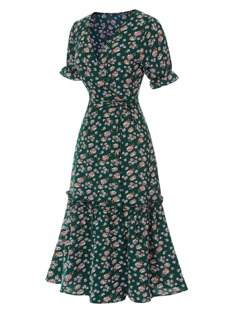 1930s Daisy Surplice V-Neck Belted Dress