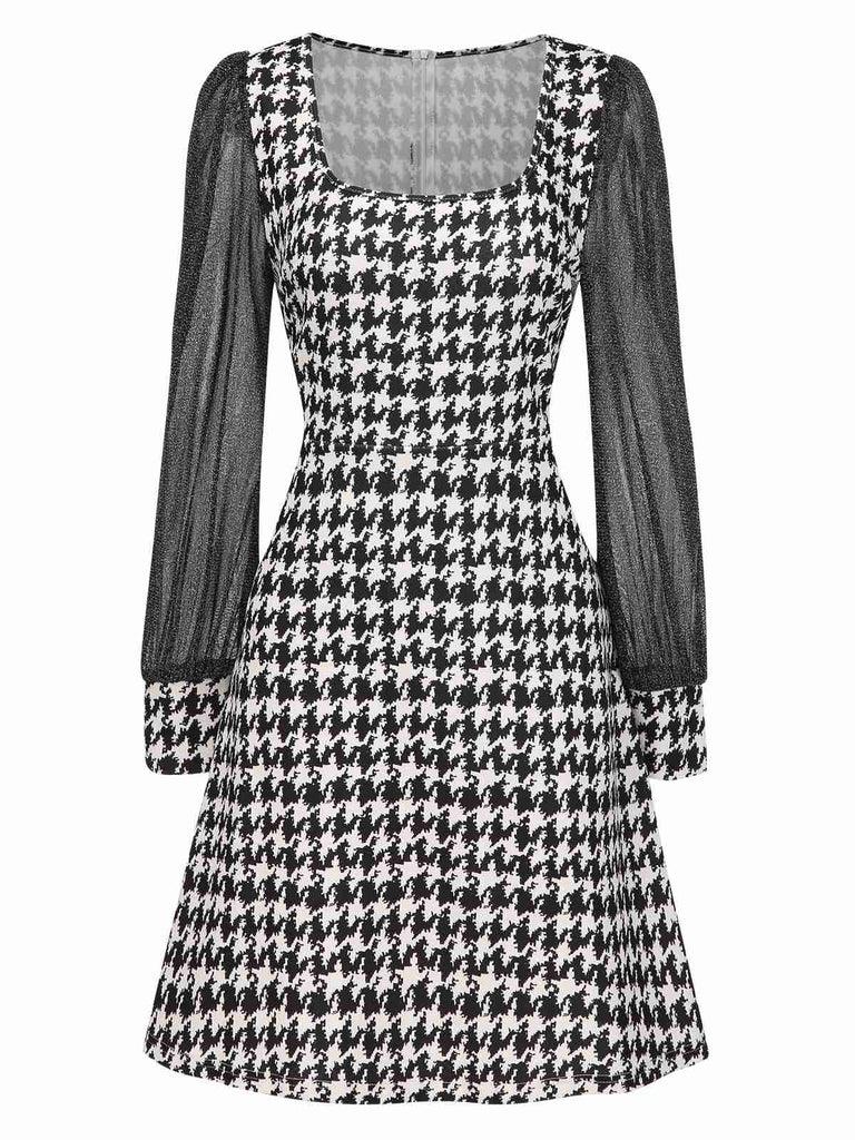 [Pre-Sale] Black 1960s Glitter Mesh Houndstooth Patchwork Dress