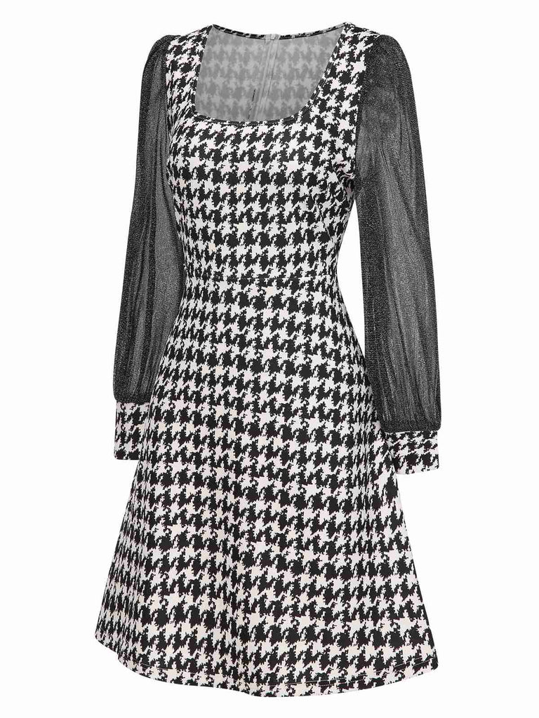 [Pre-Sale] Black 1960s Glitter Mesh Houndstooth Patchwork Dress