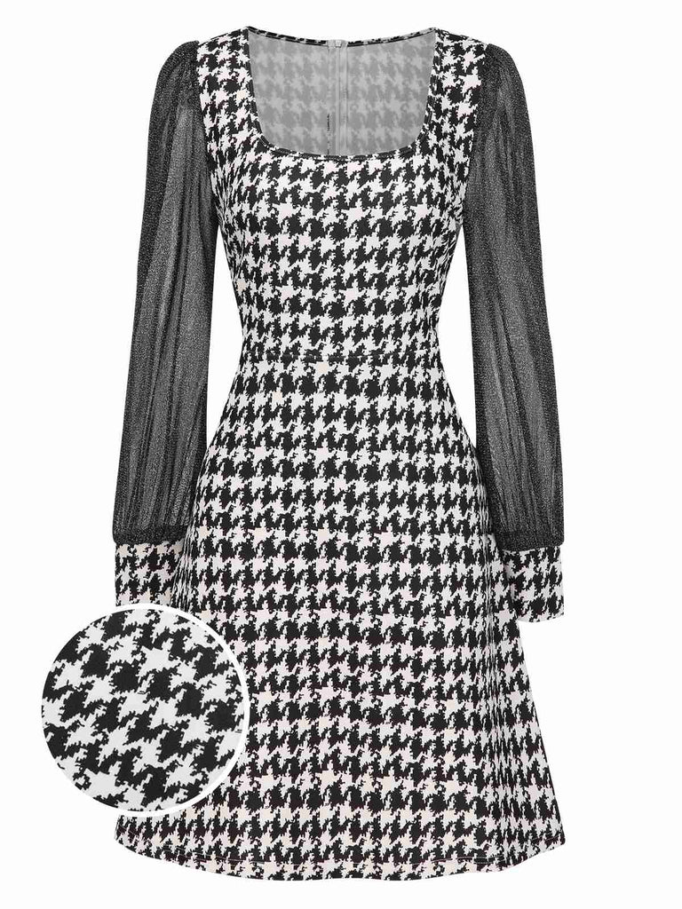 [Pre-Sale] Black 1960s Glitter Mesh Houndstooth Patchwork Dress