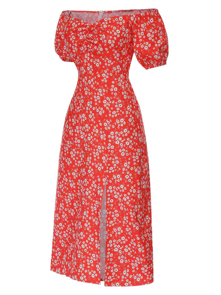 Red 1960s Floral Off-Shoulder Side Slit Dress