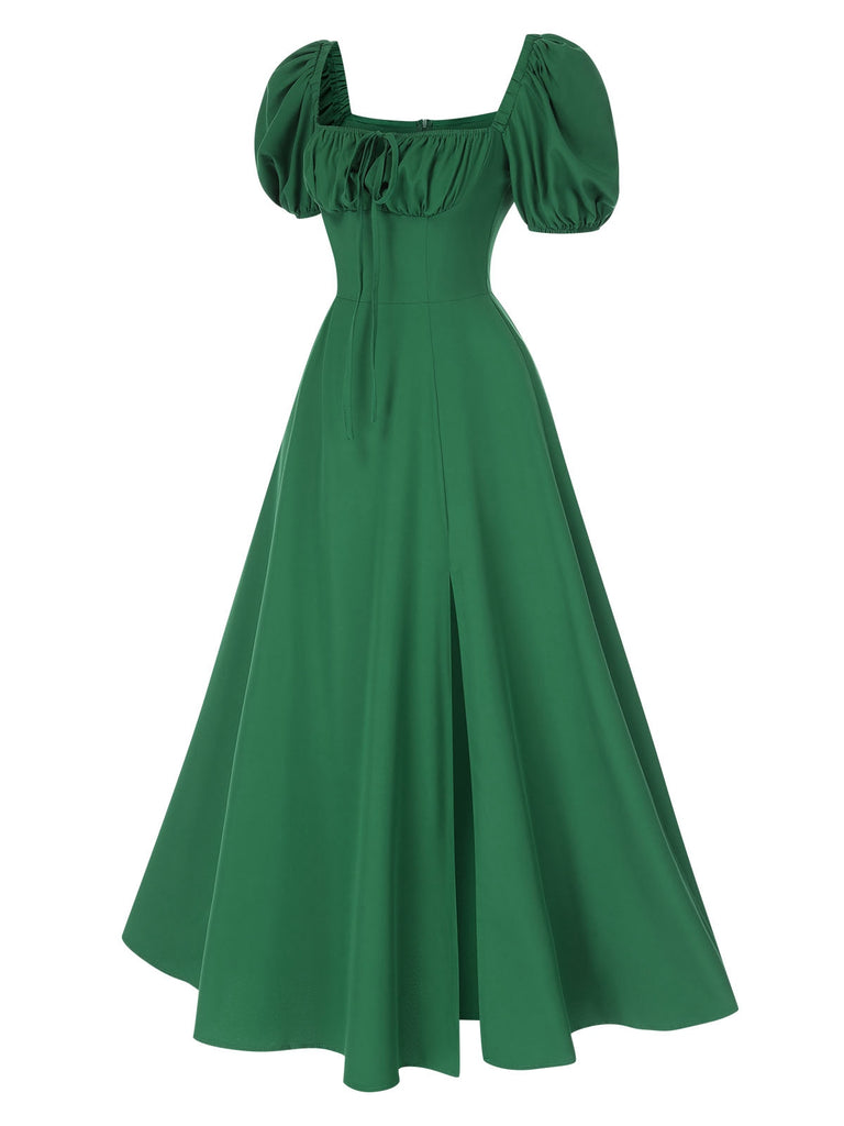 1940s Side Slit Puff Sleeve Square Neck Dress