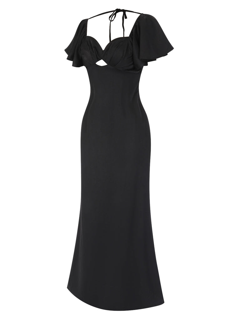 Black 1970s Hollow Sweetheart Neck Dress