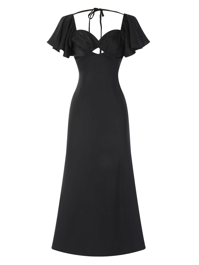 Black 1970s Hollow Sweetheart Neck Dress