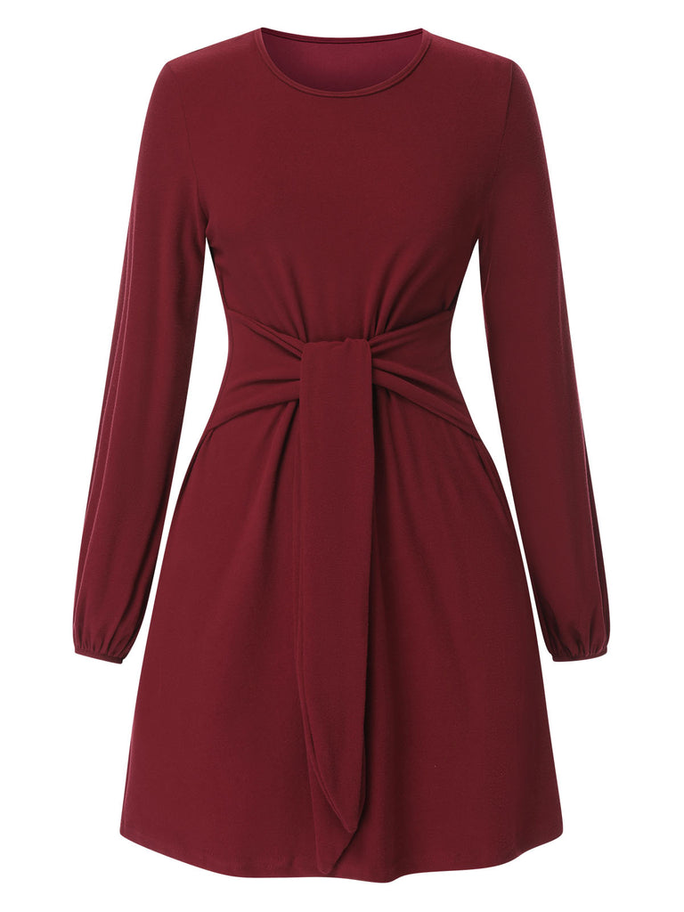 Deep Red 1960s Solid Tie Waist Dress