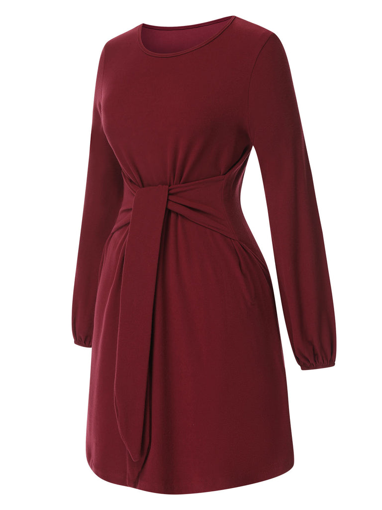 Deep Red 1960s Solid Tie Waist Dress